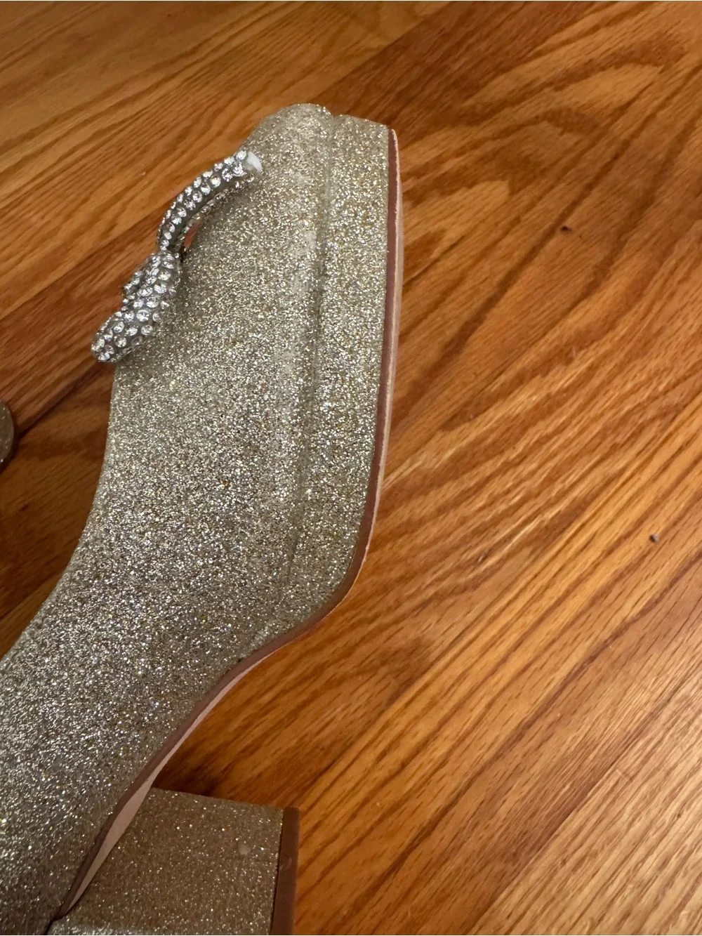 Nina Gold Glitter Ankle-Strap Dress Shoes with Crystal Bow